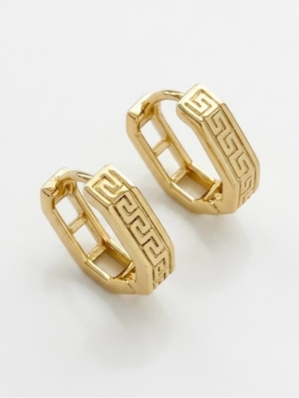 14K Gold Plated Greek Key Huggie Hoop Earrings | Minimalist Meander Jewelry